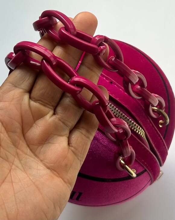 Hot Pink Velvet Basketball Shape Hand Bag with Pink Chain - Picture 2 of 7